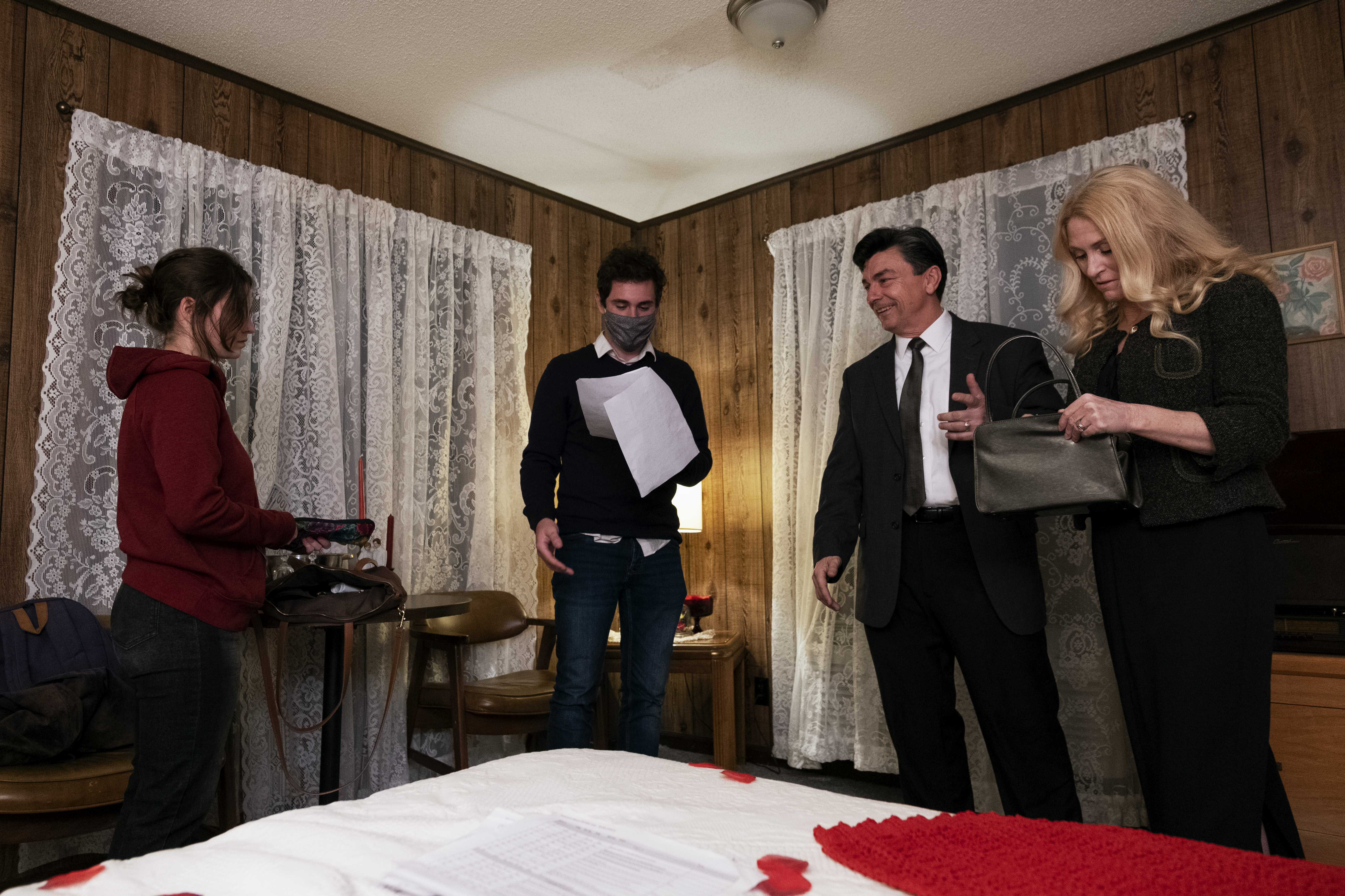 Joe looks over the script with Cassie, George Hovis, and Coleen Tutton 